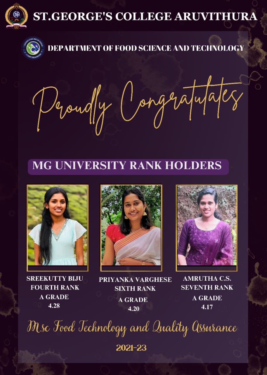 Three ranks in Msc Food technology and Quality Assurance examination